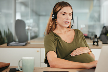 Image showing Pregnant, woman and work in call center, office and hands on stomach in telemarketing workplace. Consultant, pregnancy and working in company or planning maternity for health and wellness in business