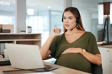 Image showing Pregnant, woman and working in call center, office or hand on stomach in telecom workplace. Consultant, pregnancy and talking in company and planning maternity for health and wellness in business