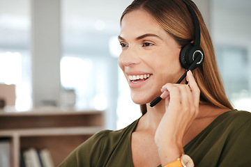 Image showing Woman, smile and headset, callcenter and contact us with phone call, communication and customer service. Telecom, help desk and consultant with mic, CRM or advice with technology and telemarketing