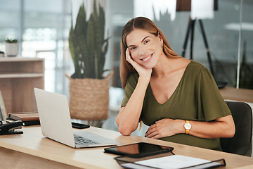 Image showing Woman, smile and pregnant with portrait in office and laptop with happiness, healthy and workplace. Belly, maternity and employee for pregnancy, career and love with affection, care and excited