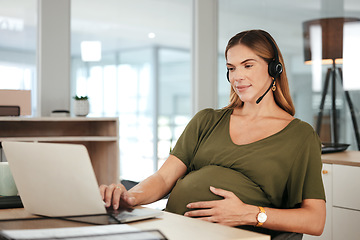 Image showing Pregnant, woman and work in call center, office and hands on stomach in telemarketing workplace. Consultant, pregnancy and working in company or planning maternity for health and wellness in business