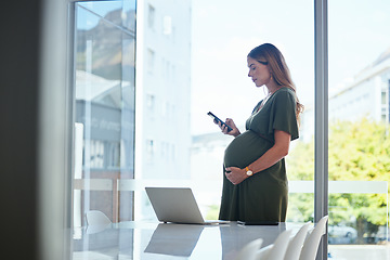 Image showing Phone, search or pregnant business woman in office on social media, website or internet to relax. Maternity, technology or female designer with pregnancy or mobile app to scroll in workplace on break