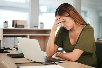 Image showing Business, woman and headache in office with tired, burnout and relax with eyes closed at desk or table. Person, professional and employee with hand on face for anxiety or stress at corporate company