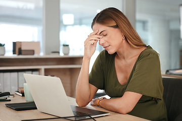 Image showing Business, woman and headache in office with burnout, tired and relax with eyes closed at desk or table. Person, professional and hand on face for risk, anxiety or stress at corporate company or job