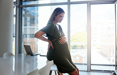 Image showing Woman, office or pregnant stomach on break to relax or breathe in company or workplace. Belly, employee or pregnancy in career, work and job with love, affection and care for baby, health or mom