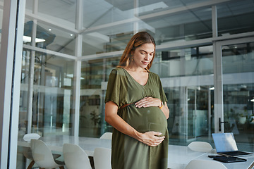 Image showing Worker, thinking or pregnant stomach in office break in breathing meditation in company workplace. Belly, woman or mom in pregnancy in career, work and job with peace, affection and care for baby