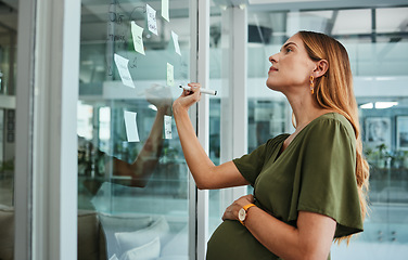 Image showing Pregnant business woman, writing and glass for plan, sticky note or thinking for vision, idea or goal. Analyst, brainstorming and problem solving for solution, market research or board with pregnancy