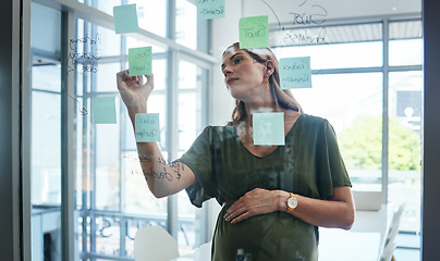 Image showing Pregnant woman, writing and glass in office for plan, sticky note or thinking for vision, idea or goal. Solution, brainstorming or problem solving for strategy, market research or board with person