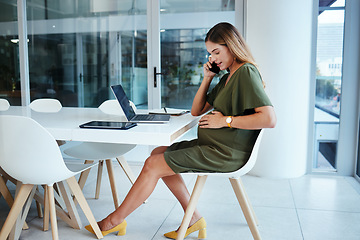 Image showing Pregnant business woman, phone call and office with thinking, talk and touch stomach with networking. Entrepreneur, smartphone and contact for negotiation, deal or sales update at desk with pregnancy