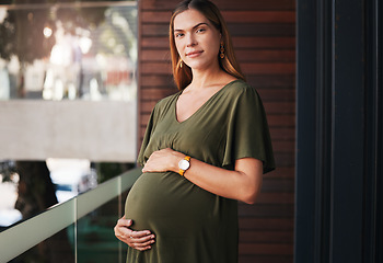 Image showing Portrait, pregnant and business woman at her office outdoor balcony at the start of her maternity leave from work. Company, belly and pregnancy with a happy young professional employee at workplace