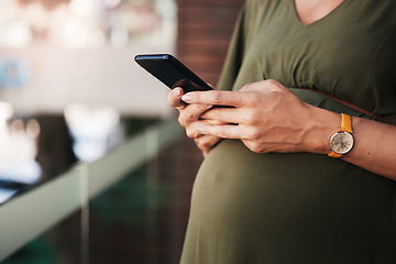 Image showing Hands, phone and pregnant woman typing in home, reading email notification and social media. Pregnancy, smartphone and closeup of mother on internet search for baby news, scroll website or mobile app