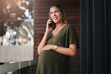 Image showing Pregnant, woman and portrait of phone call in office planning a schedule, appointment or communication. Cellphone, conversation and talking of pregnancy, maternity or contact with client in workplace