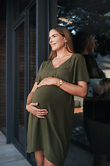 Image showing Vision, smile and a pregnant woman on a business balcony at her office waiting to be a mother. Belly, pregnancy and happy young employee at the workplace as an employee thinking about maternity leave