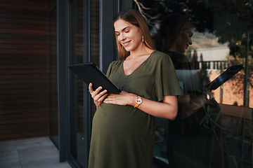 Image showing Pregnant, woman and happy reading with tablet, learning and mother planning with internet research. Pregnancy, ebook or check information on baby, birth or maternity knowledge on health or wellness