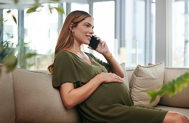 Image showing Phone call, relax and pregnant woman on a sofa in the living room of modern apartment for communication. Technology, smile and young female person with pregnancy on mobile conversation with cellphone