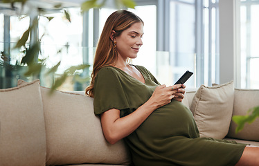 Image showing Phone, networking or pregnant business woman in office on social media, website or internet on couch. Maternity, technology or calm female designer with pregnancy or mobile app to scroll in workplace