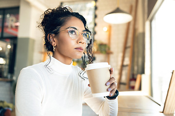 Image showing Woman in cafe, thinking and future, coffee and young student search for inspiration and insight. Latte drink, knowledge and ideas, memory or reflection on life with mindfulness on a break at diner