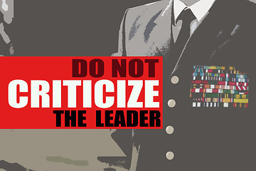 Image showing Military, propaganda and mind control with a poster of a leader on text for order or authority. Leadership, banner and politics with an army general in command of a brainwashing revolution closeup