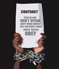 Image showing Hand, poster and text with handcuff or chains for contract, message or prisoner isolated on black background. Law, criminal and paper or legal document with instruction, order or command for person