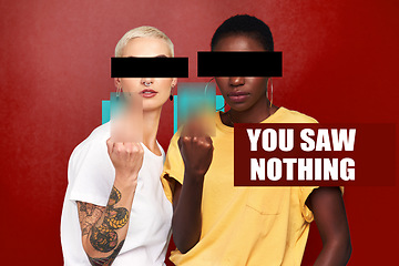 Image showing Women friends, middle finger and studio with rude sign by text overlay, blur and black bar to cover eyes. Gen z girl students, icon or emoji with protest, opinion and censored with punk attitude