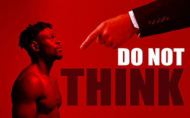 Image showing Manipulation, control or oppression and a black man on a red background in studio with a pointing hand. Bullying, psychology and propaganda with a young person as a victim of trauma or brainwash