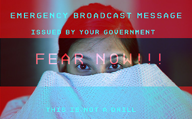 Image showing Woman, portrait and face with emergency warning watching TV at night with broadcast in fear at home. Female person hiding with blanket on overlay in global message, government or scary content