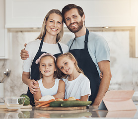 Image showing Family, portrait and smile for cooking food in kitchen with vegetables for lunch, diet and nutrition. Happy parents and children, food and ingredients for meal prep, healthy and teaching the kids