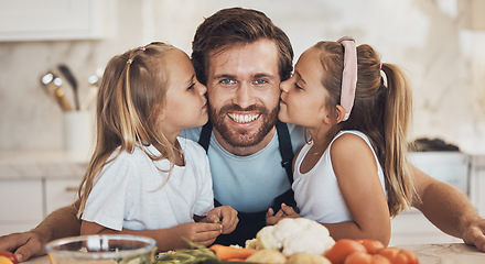 Image showing Portrait, family and kiss on the cheek from children with their father in the kitchen of a home for cooking together. Face, smile and girl kids with their happy parent in the house to make a meal