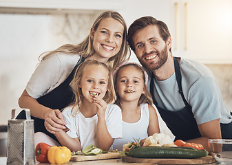 Image showing Family portrait, smile and cooking food in kitchen with vegetables for lunch, diet and nutrition. Happy parents and children, food and ingredients for meal prep, healthy and teaching the kids at home