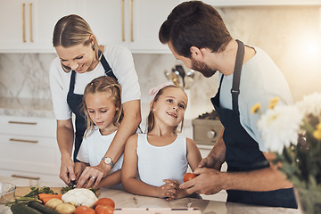 Image showing Kids, learning and happy family cooking in home, kitchen or together for dinner, food and healthy diet. Teaching, nutrition and chef parents with children for preparation of vegetables or lunch