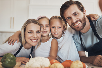 Image showing Selfie, cooking and family in the kitchen together for bonding and preparing dinner, lunch or supper. Happy, smile and girl children and parents with vegetables or ingredients for a meal at home.