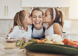 Image showing Home, cooking and mother with children, kissing and care with bonding, healthy food and weekend break. Family, mama or children with mom, kids and ingredients with a smile, kitchen or relax with love