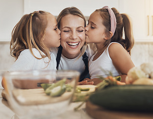 Image showing Kitchen, cooking and mother with kids, kissing and smile with bonding, happiness and ingredients. Family, mama or children with mom, girls or weekend break with love, home or care with healthy food