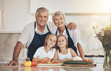 Image showing Happy family, portrait and grandparents with grandkids cooking in a kitchen with vegetables. Food, learning and face of kids with old people with love, fun or preparing healthy, nutrition or meal