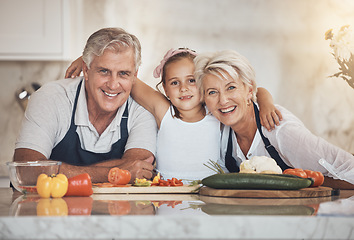 Image showing Family portrait, cooking and girl child hug grandparents in kitchen bonding with vegetables. Food, love and face of old people enjoy retirement with kid, learning or teaching healthy meal preparation