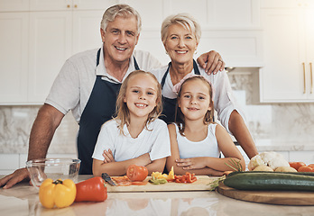 Image showing Portrait, family and kids cooking with grandparents in a kitchen with love, care and support at home. Food, face and children learning nutrition, health and preparing meal with happy senior people