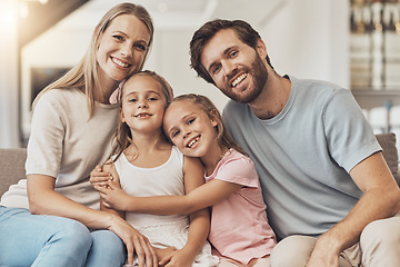 Image showing Home, portrait and family with children, hug and happiness with fun, girls and support on a weekend break. Kids, mother and father with support, embrace and relax with a smile or cheerful in a lounge