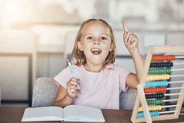 Image showing Answer, homework and portrait of girl with abacus for learning mathematics, counting and studying. Education, school and happy kid with notebook for child development, knowledge and lesson at home