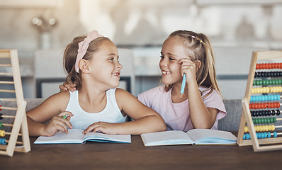 Image showing Students, girl children and education, homework and abacus with studying and learning while at home. Happy kids, smile with friends or sister, help and support with books, math and numbers at table