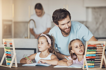 Image showing Family, father help children and education, math and abacus for learning with homework, writing and counting at home. Teaching, support and notebook, young girl kids with man and knowledge for growth