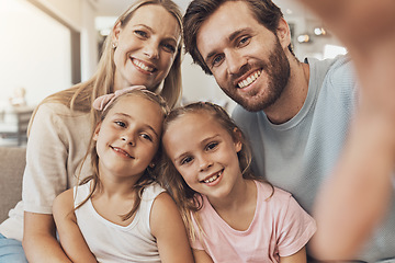 Image showing Happy family, portrait and selfie for photography, memory or social media together in relax at home. Mother, father and children smile in photograph, picture or fun moment on holiday weekend at house