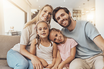 Image showing Home, portrait and mother with father, kids and happiness with support, bonding together and cheerful. Face, family and children with parents, care and love with a smile, cheerful and joy in a lounge