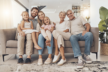 Image showing Big family, happy and portrait in home living room, support and bonding together. Parents, grandparents and kids smile on sofa for connection, love children and care in healthy relationship in house