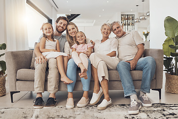 Image showing Big family, smile and portrait in home living room, support and bonding together. Happy parents, grandparents and kids on sofa for connection, love children and care in healthy relationship in house