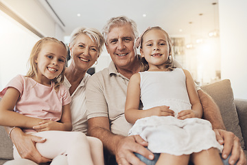 Image showing Smile, grandparents and kids in portrait in home living room, support and bonding together. Happy children, grandmother and grandfather on sofa for connection, love and family in healthy relationship