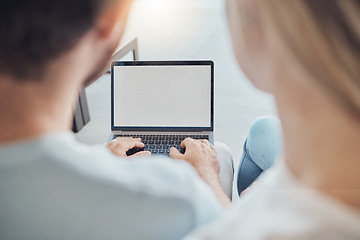 Image showing Couple, laptop screen and home planning, research or typing online for asset management or loan information. People, back and computer mockup or advertising space for website sign up or registration