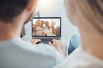 Image showing Laptop, wave and senior couple on video call, online meeting and communication webinar. Computer, hello and elderly man and woman in virtual conference, internet chat and talking in retirement home