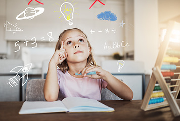 Image showing Child, thinking and homework with light bulb for learning math, numbers and creative ideas or solution at home. Girl or kid with school book and education doodle, brainstorming or imagination overlay