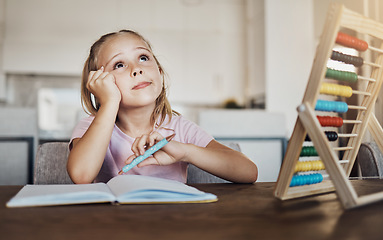 Image showing Thinking, homework and girl with abacus for learning mathematics, counting and studying. Education, school and kid brainstorming with notebook for child development, knowledge and lesson at home