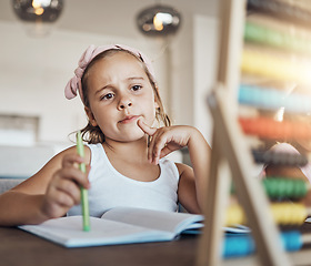 Image showing Student thinking, child and abacus for home education, math learning and problem solving numbers. Young girl or kid with ideas, solution or knowledge for school development, question or notes in book